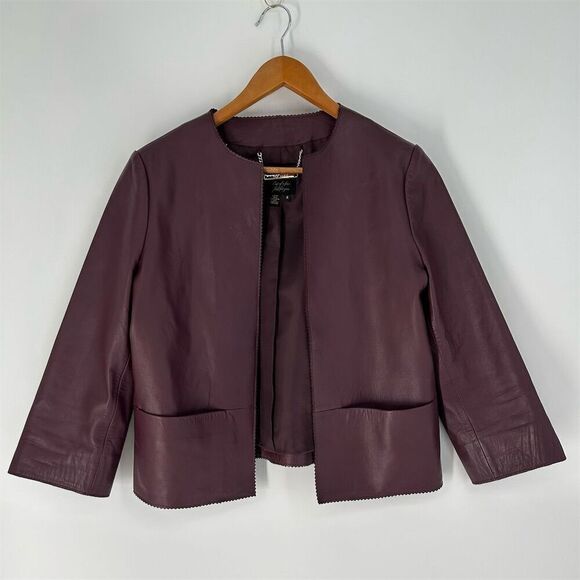 Ted Baker Morisr Zig Zag Edge Cropped Leather Jacket Burgundy, 2 / Small - Picture 3 of 13